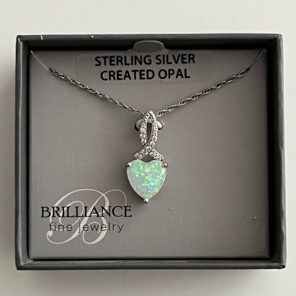 Necklace heart pendant with lab created opal sterling silver with crystals New